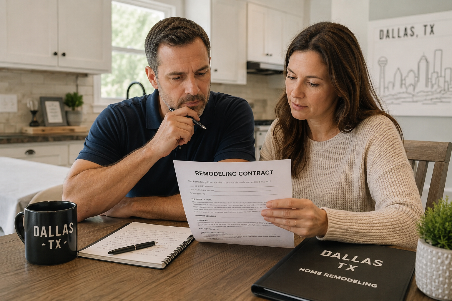 homeowner reviewing a remodeling contract Dallas TX