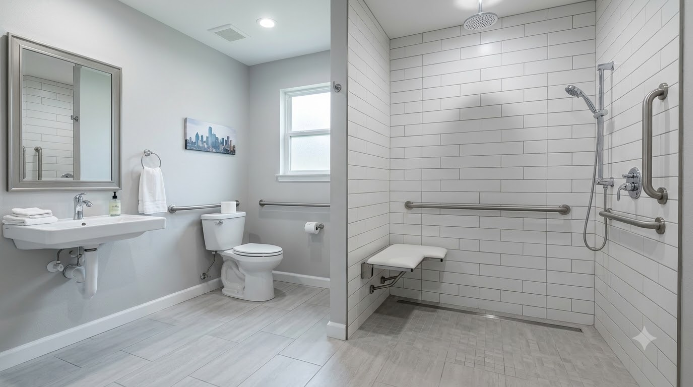 accessible bathroom Dallas curbless roll-in shower with grab bars