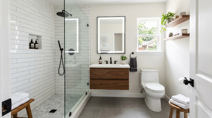 small bathroom remodel Dallas layout with walk-in shower and floating vanity