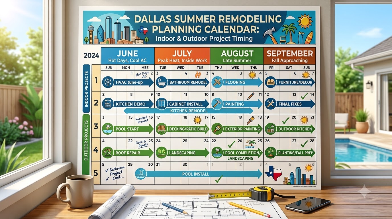 summer remodeling Dallas planning calendar showing indoor and outdoor project timing