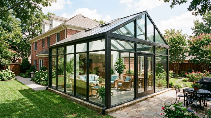 sunroom addition Dallas home with glass walls